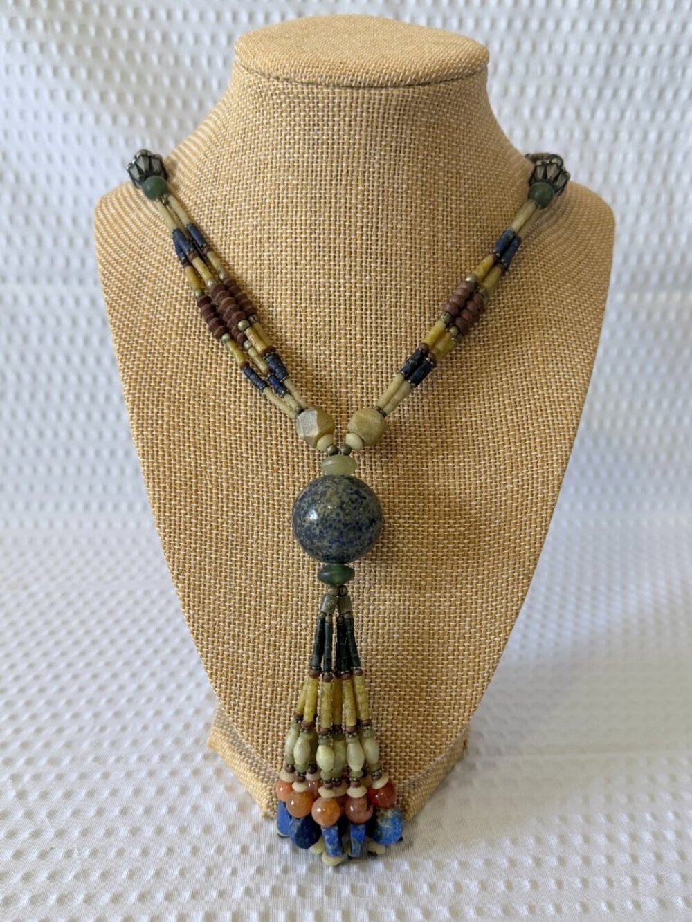 Multi-Color Beaded Tassel Necklace with Green Stone Pendant